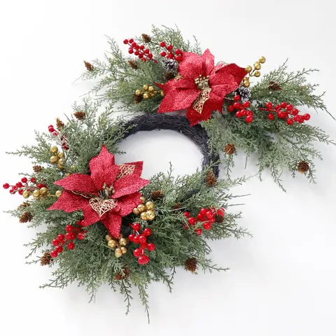 Artificial Christmas Wreath Poinsettia Swag Lintel Decor Red Berry Pinecone Green Leaf Festive Door Wall Hanging Decor