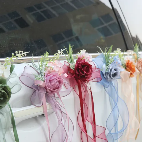 Wedding Car Mirror Decoration Flower Artificial Rose Bowknot Ribbon Car Door Handle Flower Bridal Car Team Decoration Stair Railing Decor