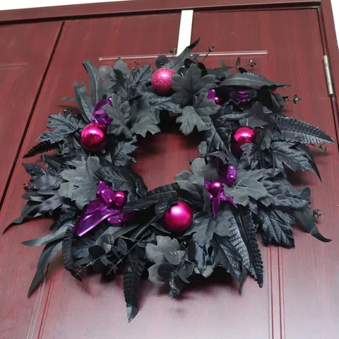Halloween Wreath Black Artificial Maple Leaf Front Door Decoration Pink Decorative Balls Purple Ribbon Bow Gothic Garland