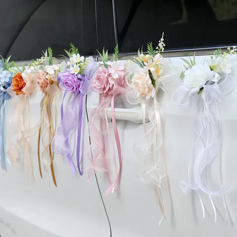Wedding Car Mirror Decoration Flower Artificial Rose Bowknot Ribbon Car Door Handle Flower Bridal Car Team Decoration Stair Railing Decor