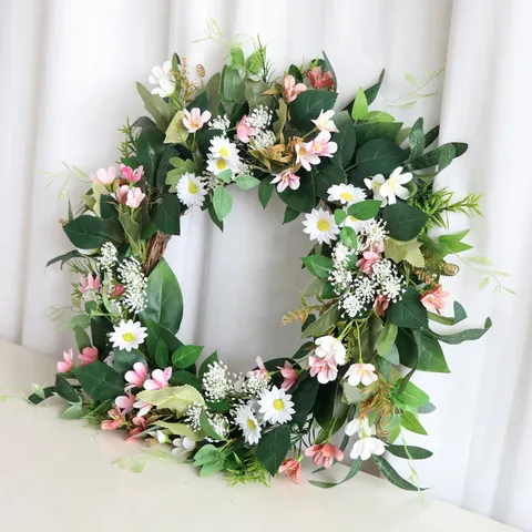 Ghirlanda di Fiori Artificiali di Margherita in Seta Decorazione per Porta Casa Matrimonio Parete Fatto a Mano Rattan Rosa Bianco