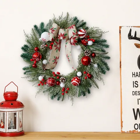 Ghirlanda di Natale Grande Decorazione in Aghi di Pino Artificiale Con Pigne Bacche Fiocco di Lino Sfere di Natale Decorazione Festiva per Porta Parete