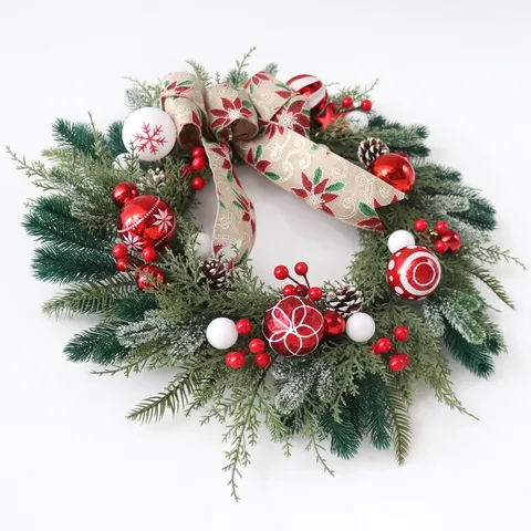 Ghirlanda di Natale Grande Decorazione in Aghi di Pino Artificiale Con Pigne Bacche Fiocco di Lino Sfere di Natale Decorazione Festiva per Porta Parete