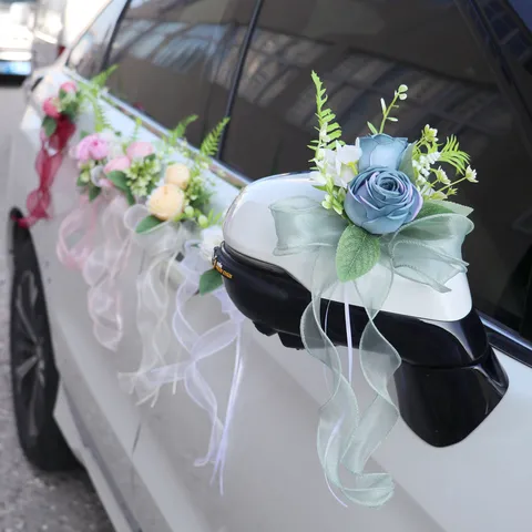 Artificial Rose Wedding Car Rearview Mirror Decoration Chiffon Bow Ribbon Flower For Door Handle Chair Back Stairs Home Party Decor
