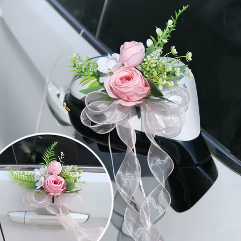 Artificial Rose Wedding Car Rearview Mirror Decoration Chiffon Bow Ribbon Flower For Door Handle Chair Back Stairs Home Party Decor