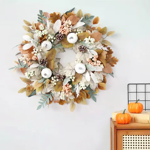 Thanksgiving Autumn Maple Leaf Pine Cone Wreath White Pumpkin Berries Fall Wreath For Front Door Wall Hanging Harvest Festival Home Decor