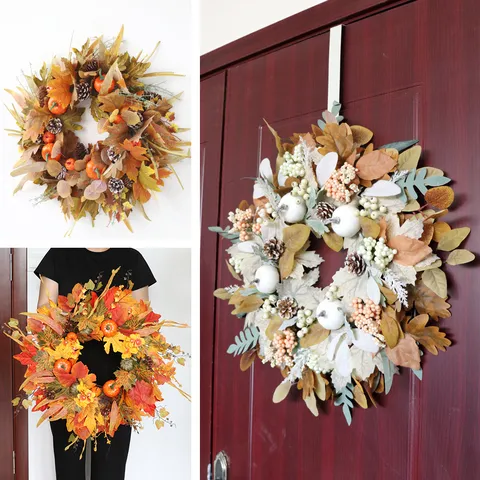 Thanksgiving Autumn Maple Leaf Pine Cone Wreath White Pumpkin Berries Fall Wreath For Front Door Wall Hanging Harvest Festival Home Decor