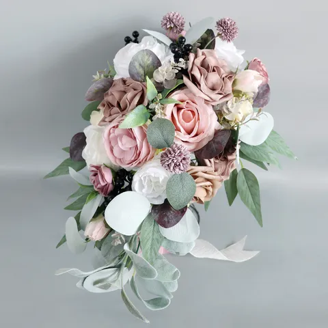 Forest Style Waterfall Bridal Bouquet Artificial Dusty Pink Rose Wedding Hand-held Flower Water Drop Shape For Bride Photography Decoration