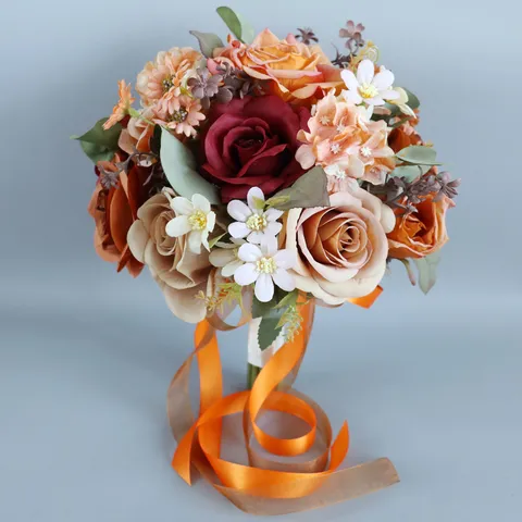 Artificial Rose Bridal Wedding Bouquet Silk Flower Burgundy Dirty Orange Bouquet For Bride Photography Home Table Decor