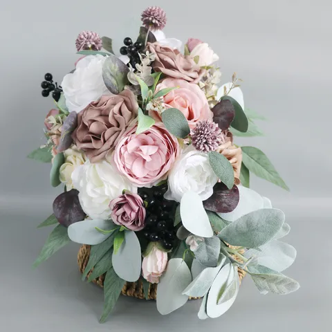 Forest Style Waterfall Bridal Bouquet Artificial Dusty Pink Rose Wedding Hand-held Flower Water Drop Shape For Bride Photography Decoration