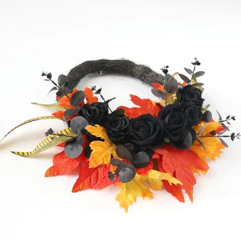 Halloween Kranz Künstliche Schwarze Rose Orange Ahornblatt Gothic Blumenkranz Für Haustür Wandbehang Party Haus Dekoration