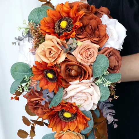 Artificial Sunflower Rose Wedding Bridal Bouquet Cascade Teardrop Burnt Orange Silk Flower Waterfall Bouquet For Photography