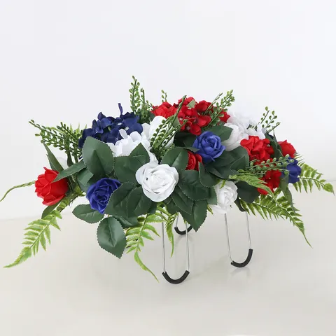Patriotische Rot Weiß Blau Gedenkgrabblumen Künstliche Rose Hortensie Friedhof Blumensattel Strauß Für Grabsteindekor
