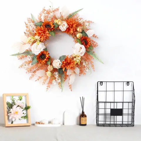 Autumn Harvest Festival Artificial Flower Wreath Silk Sunflower Maple Leaves Hanging Garlands For Home Front Door Courtyard Party Decor