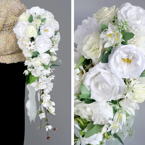 Eleganter Weißer Künstlicher Rosen Wasserfall Brautstrauß Seidenblume Wassertropfen Hochzeitsstrauß Für Fotografie Kirche Party