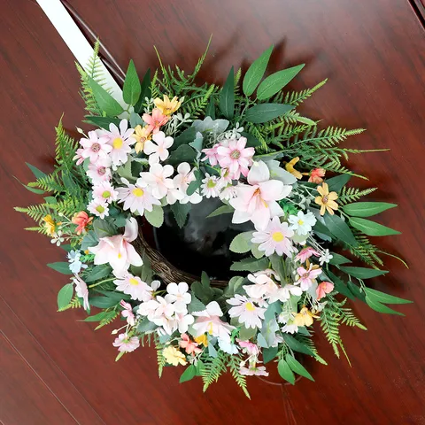 Frühling Künstlicher Gänseblümchenkranz Rosa Weiß Gelb Blüten Grün Girlande Für Haustür Wand Hochzeit Deko Haus Ornament