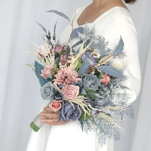 Elegant Silk Fabric Rose Bridal Bouquet With Rhinestone French Vintage Dusty Pink Grey Artificial Flower For Wedding Photography Home Decor Arrangement
