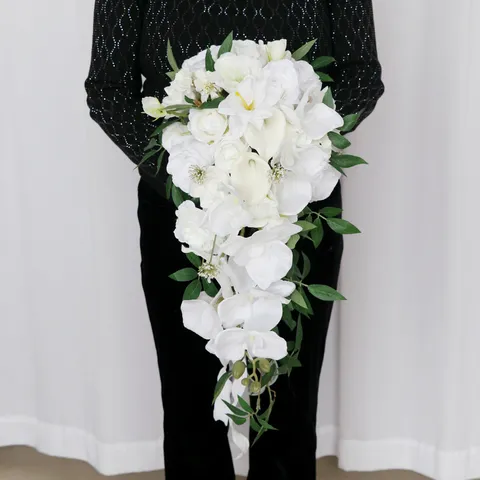 Elegant Waterfall Teardrop Bridal Bouquet Silk Fabric Rose Calla Lily White Handmade Fake Bouquet For Wedding Celebration