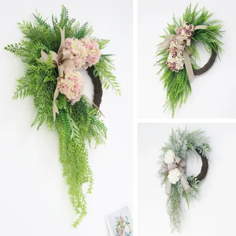 Artificial Silk Flower Wreath With Rattan Hoop Linen Bowknot Fake Greenery Door Wreath Hanging Garland For Home Garden Yard Wall Holiday Decoration