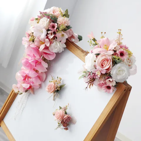 Roze Wit Kunstmatig Bruidsboeket Set Met Waterval Ontwerp Corsage En Polsbloem Voor Romantische Huwelijksceremonie Decoratie