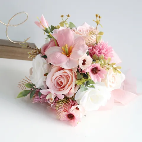 Roze Wit Kunstmatig Bruidsboeket Set Met Waterval Ontwerp Corsage En Polsbloem Voor Romantische Huwelijksceremonie Decoratie