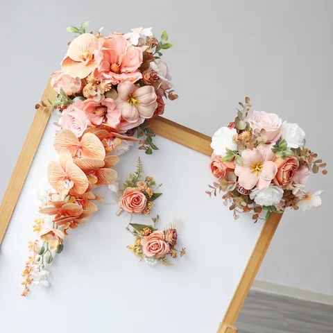 Elegant Romantic Silk Flower Wedding Bridal Cascade Teardrop Bouquet Caramel Orange Rose Orchid Artificial Hand Flower Decoration