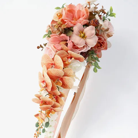 Elegant Romantic Silk Flower Wedding Bridal Cascade Teardrop Bouquet Caramel Orange Rose Orchid Artificial Hand Flower Decoration