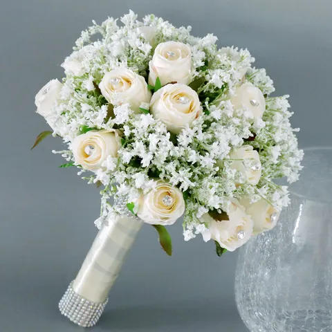 Bruidsboeket Zijden Bloem Kunstmatige Roos Trouwboeketten Voor Bruid Romantische Strass Handgebonden Bloemenslinger Voor Kerk Huis Feest Decoratie Fotorequisieten
