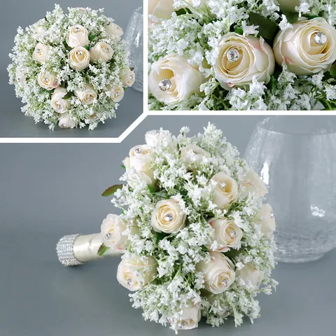 Bruidsboeket Zijden Bloem Kunstmatige Roos Trouwboeketten Voor Bruid Romantische Strass Handgebonden Bloemenslinger Voor Kerk Huis Feest Decoratie Fotorequisieten