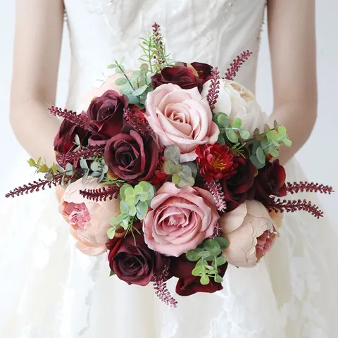 Europees Vintage Zijden Bloemen Bruidsboeket Boeket Bourgondië Lotusroze Satijnen Lint Strik Kunstmatige Roos Pioen Huwelijk Fotografie Props