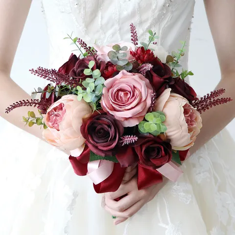 Europees Vintage Zijden Bloemen Bruidsboeket Boeket Bourgondië Lotusroze Satijnen Lint Strik Kunstmatige Roos Pioen Huwelijk Fotografie Props