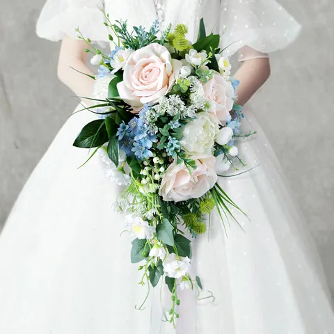 Mori Stijl Bruiloft Bruids Traan Boeket Roze Blauw Kunstmatige Roos Pioen Waterval Bloemen Foto Props Decoratie