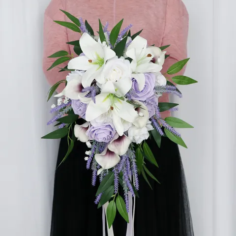 European Vintage Artificial Silk Flower Bridal Bouquet Cascade Teardrop Ribbon Rose Lily Calla Lily Wedding Church Party Holding Flower Decor