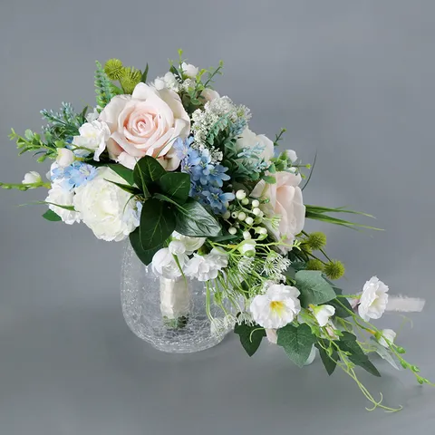 Mori Stijl Bruiloft Bruids Traan Boeket Roze Blauw Kunstmatige Roos Pioen Waterval Bloemen Foto Props Decoratie