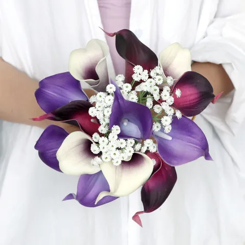 Künstlicher PU Calla-Lilie Brautstrauß Lila Weißer Farbverlauf Handgehaltene Hochzeitsblumen Home Decor Simulation Blumenstrauß