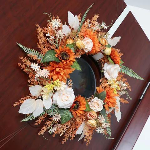 Autumn Harvest Festival Artificial Flower Wreath Silk Sunflower Maple Leaves Hanging Garlands For Home Front Door Courtyard Party Decor