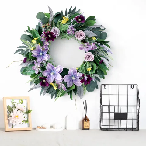 Lila Clematis Künstlicher Blumenkranz Haustür Wandbehang Frühling Hochzeit Dekor Handgefertigter Floral Hoop Dekoration