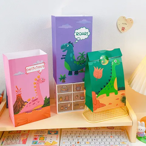Cartoon Dinosaurus Kraftpapier Cadeauzakjes Verjaardag Feest Snoep Voedsel Verpakking Tassen Met Stickers Leuke Feestartikelen