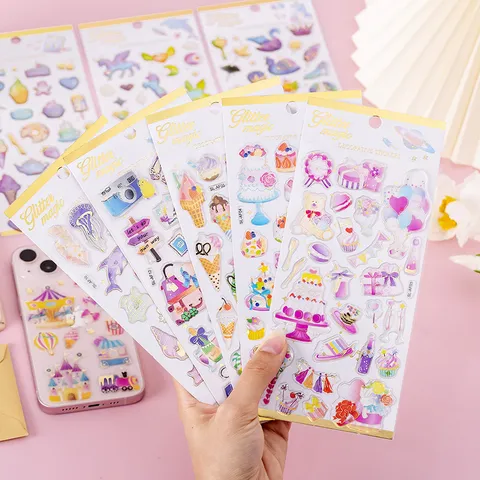 Transparante 3D Kristal Epoxy Stickers Schattige Cartoon Folieprint Decoratieve Stickers Voor Dagboek Album Telefoon DIY Schrijfwaren