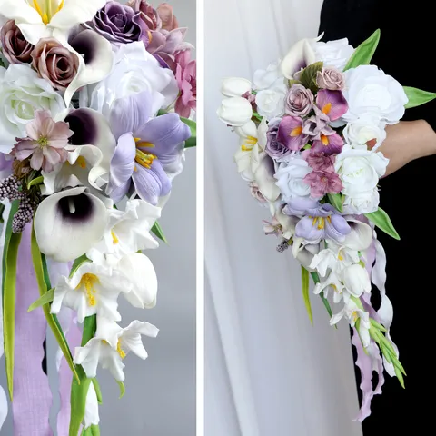 Wassertropfen Wasserfall Hochzeit Brautstrauß Künstliche PU Blumen Weiß Lila Callas Tulpen Rosen Für Hochzeitsfotografie