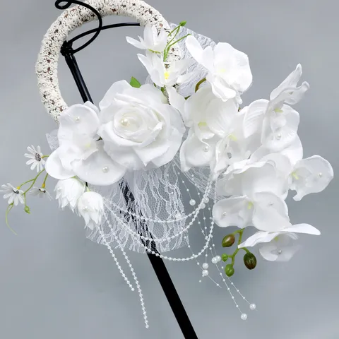 Romantischer Weißer Künstlicher Seiden Phalaenopsis Orchideen Blumenkranz Handstrauß Handgelenk Corsage Boutonniere Mit Spitzennetz Künstliche Perlen Dekoration Für Hochzeit Braut Party Fotografie Ornamente