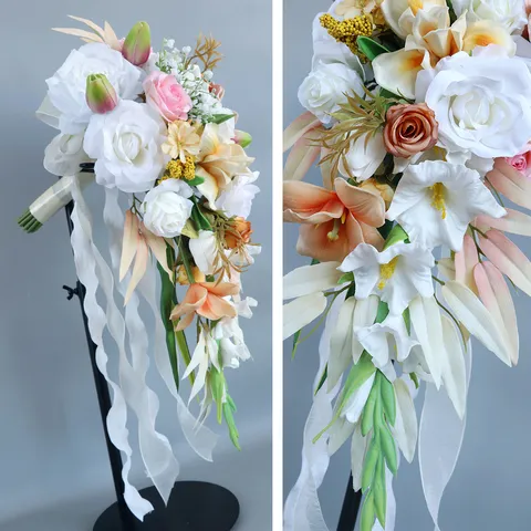 Europäischer Vintage Tränenform Wasserfall Brautstrauß Seidenstoff Künstliche Blume Weiß Orange Rose Kaskade Hochzeit Fotoshooting Event Dekoration Blumenarrangement