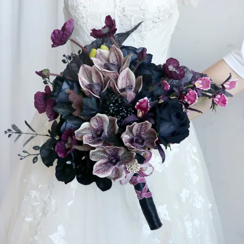Gothischer Vintage Brautstrauß In Schwarzviolett Künstliche Seidenblumen Phalaenopsis Handstrauß Für Europäische Hochzeit
