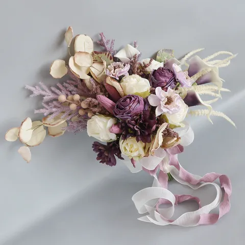 European Vintage Bridal Bouquet Silk Burned Edge Rose Calla Lily Eucalyptus Leaf Satin Ribbon Handmade Wedding Flowers Photography Decor