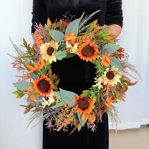 Harvest Festival Retro Sunflower Wreath Silk Flower Autumn Orange Maple Leaves Berries Handmade Door Hanging Garland Wreath Home Decor