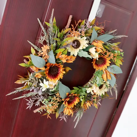 Harvest Festival Retro Sunflower Wreath Silk Flower Autumn Orange Maple Leaves Berries Handmade Door Hanging Garland Wreath Home Decor