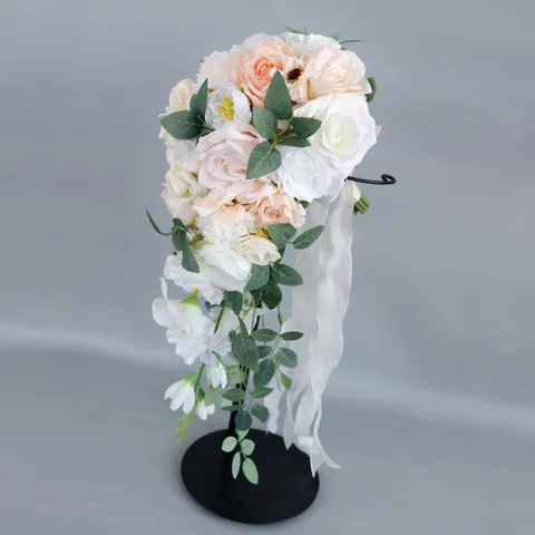 Westlicher Hochzeitsbrautstrauß Weiß Champagner Künstliche Wasserfall Kaskadenblume Rosen Pfingstrosen Für Outdoor-Heirat Party Deko