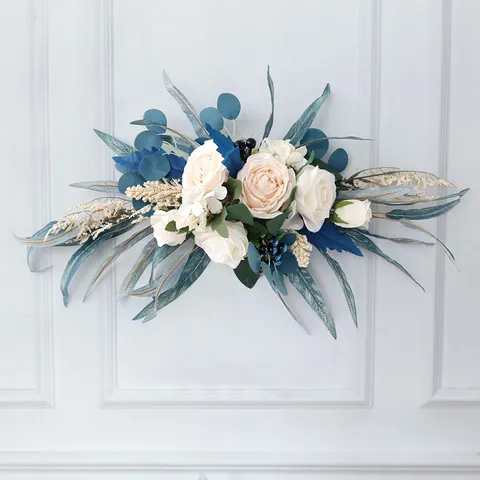 Artificial Peacock Blue Champagne Rose Arch Flower Wedding Welcome Sign Decor Silk Lintel Floral Swag For Party Event