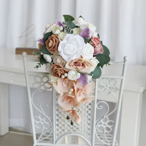 Künstlicher Wasserfall Brautstrauß Weiß Khaki Rose Falsche Blumen Tropfen Hochzeit Handstrauß Für Braut Fotografie Requisiten