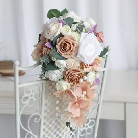 Künstlicher Wasserfall Brautstrauß Weiß Khaki Rose Falsche Blumen Tropfen Hochzeit Handstrauß Für Braut Fotografie Requisiten